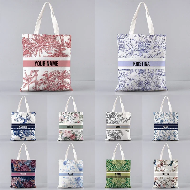 Trendy Custom Name Makeup Bag Floral Tote Bag Women Shopper Supermarket Handbag Brand Design Canvas Side Bag for Ladies