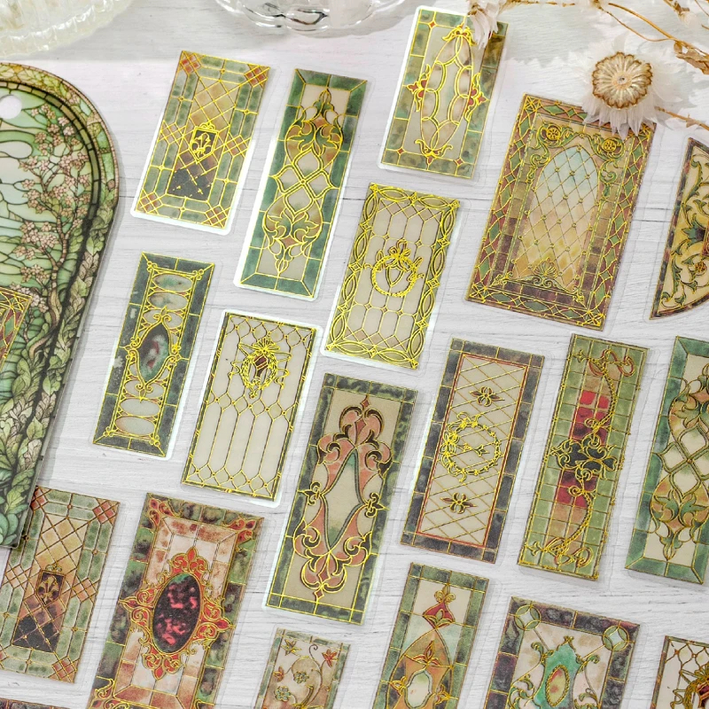 6 Style Vintage Floral Tile Series Gold Foil PET Sticker DIY Journal Diary Scrapbooking Phone Case Collage Decorative Stickers