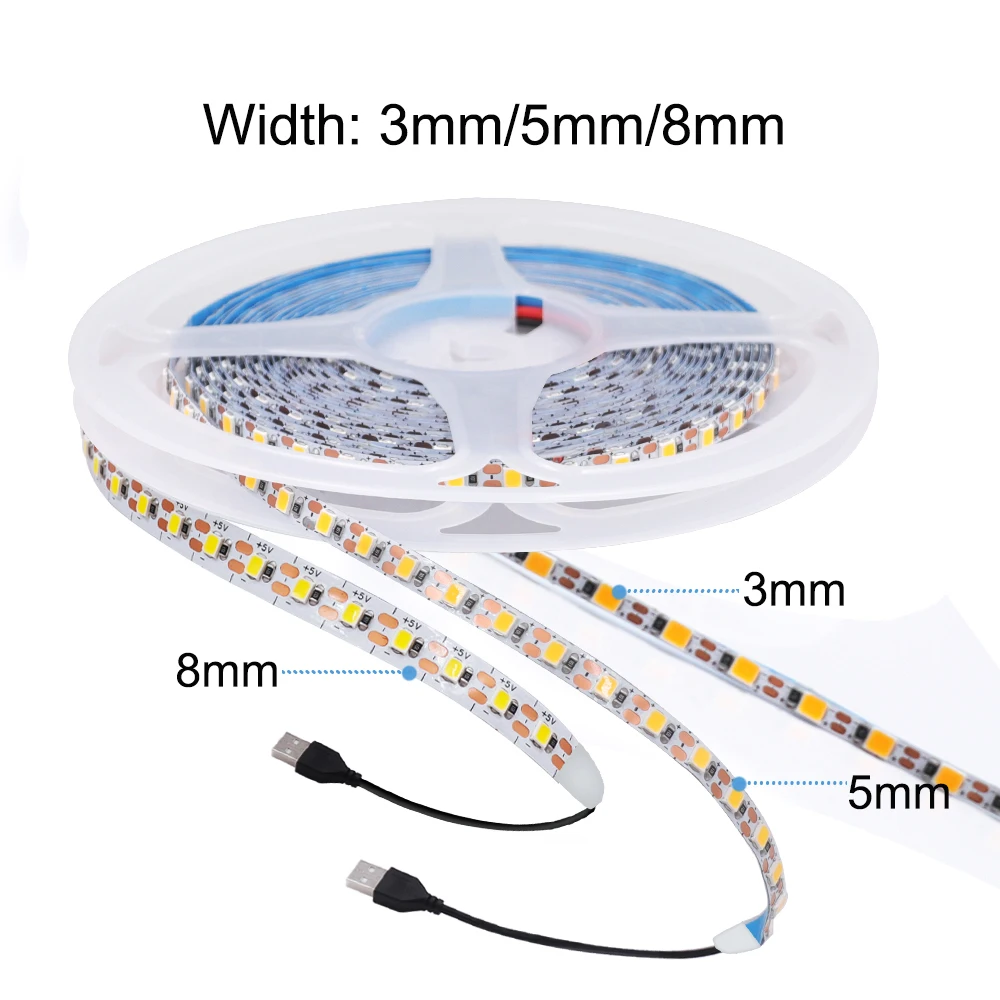 DC 5V USB LED Strip Light 2835 120LEDs/m 1 LED Per Cut Flexible Tape 3MM 5MM 8MM PCB IP20 No Waterproof Warm Natural Cool White