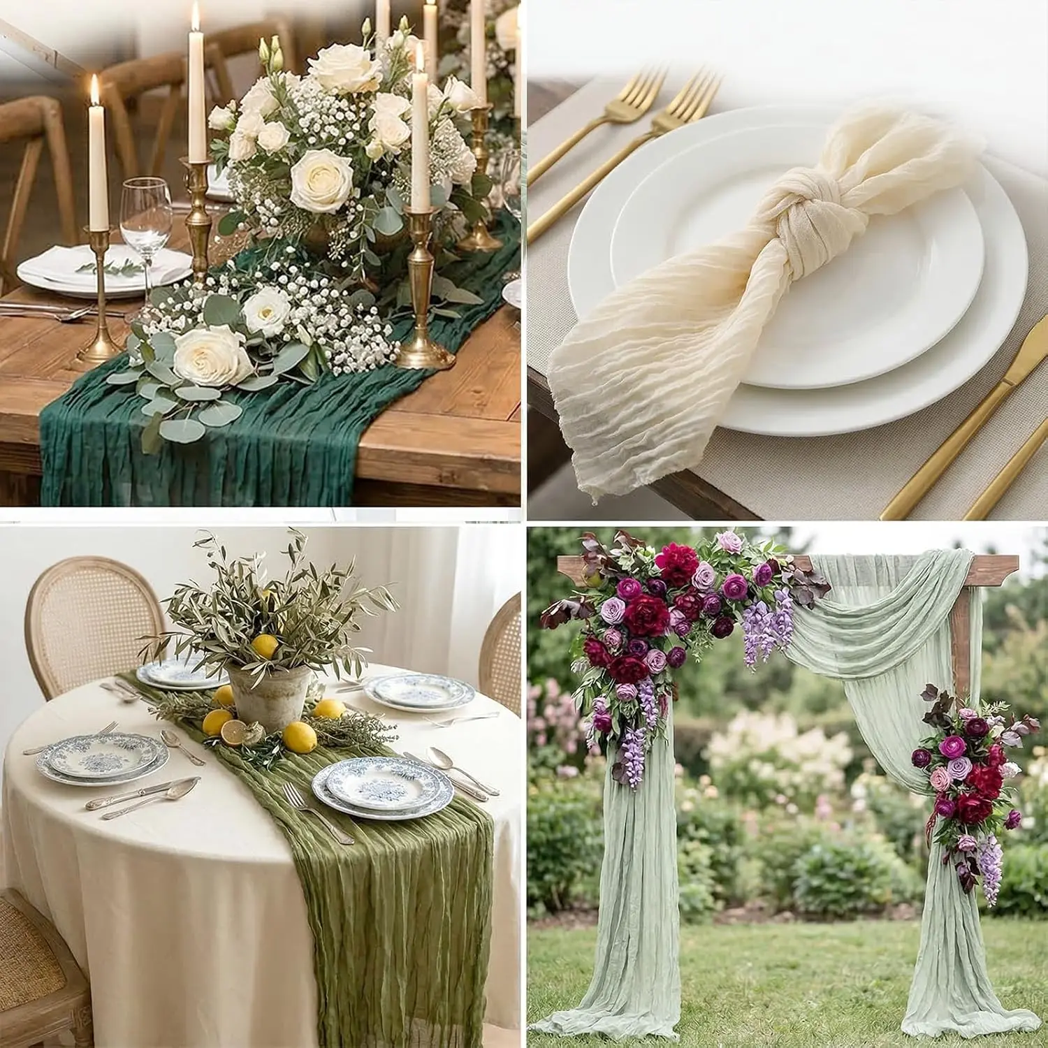 4pcs Cheesecloth Green Table Runner Tablecloth Romantic Wedding Vintage Rustic Sheer for Wedding Bridal Shower Party Decor