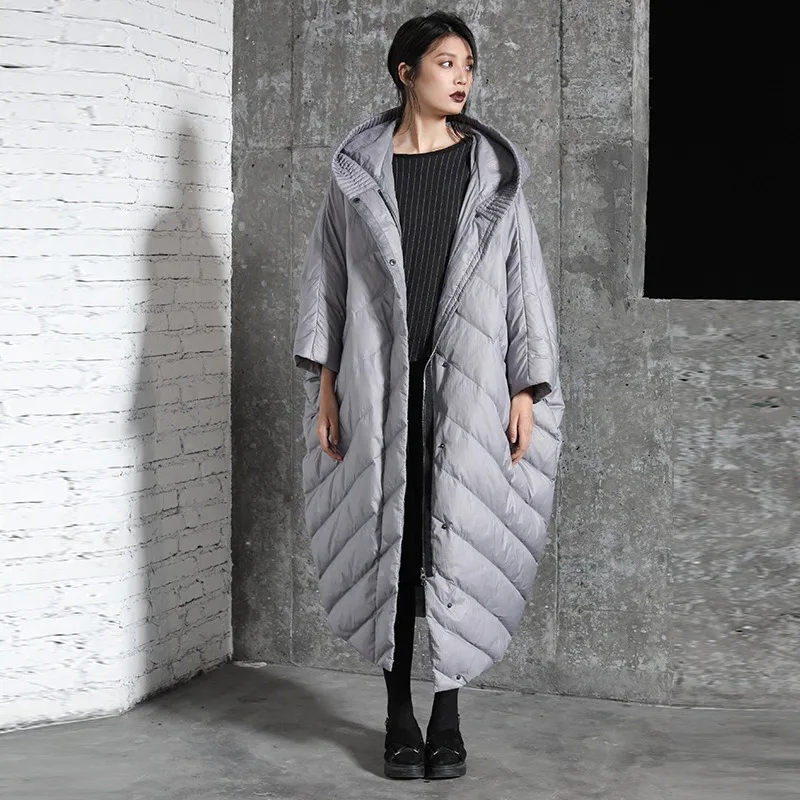 Women's Autumn/Winter Down Jacket Batwing White Duck Down Hooded Long Length Plus New Thick Warm Comfortable Loose Casual Design