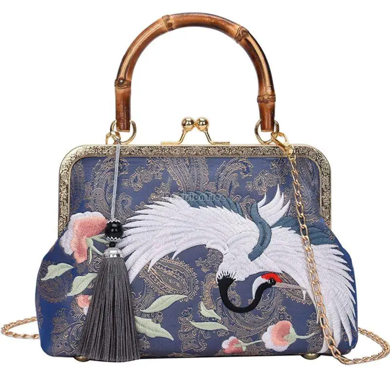 2023 the new chinese style crane embroidery jacquard retro handmade chinese style bamboo knot women handbag hanfu accessory s684