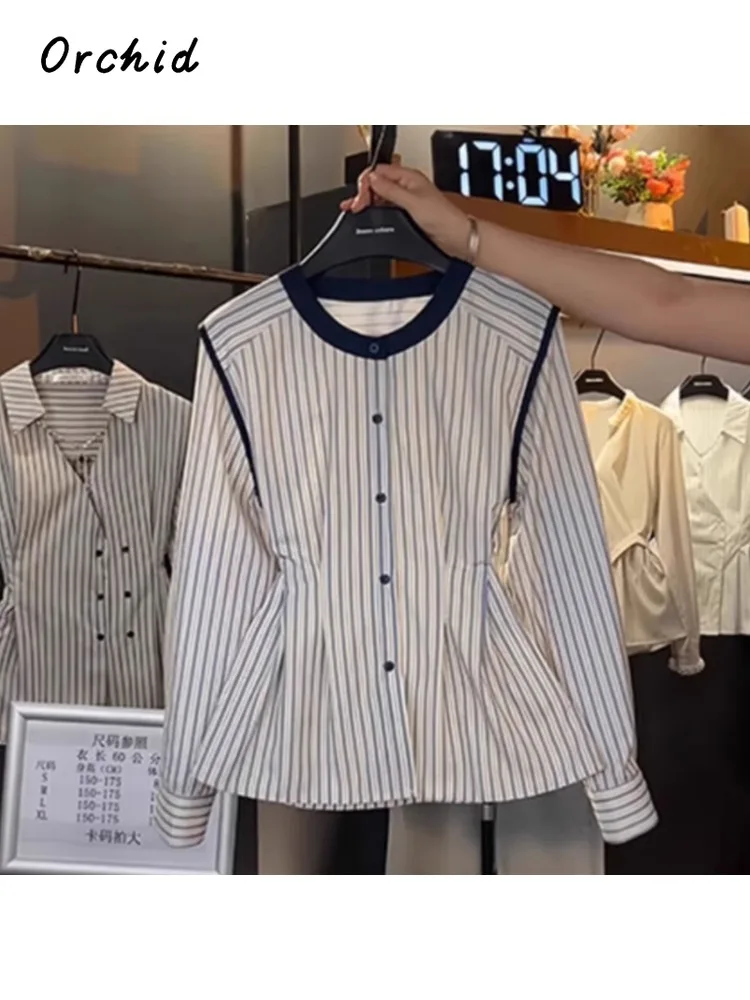 

2025 зимняя повседневная новая модная стильная полосатая лоскутная рубашка, женская шикарная однобортная блузка с круглым вырезом и длинными рукавами, топ