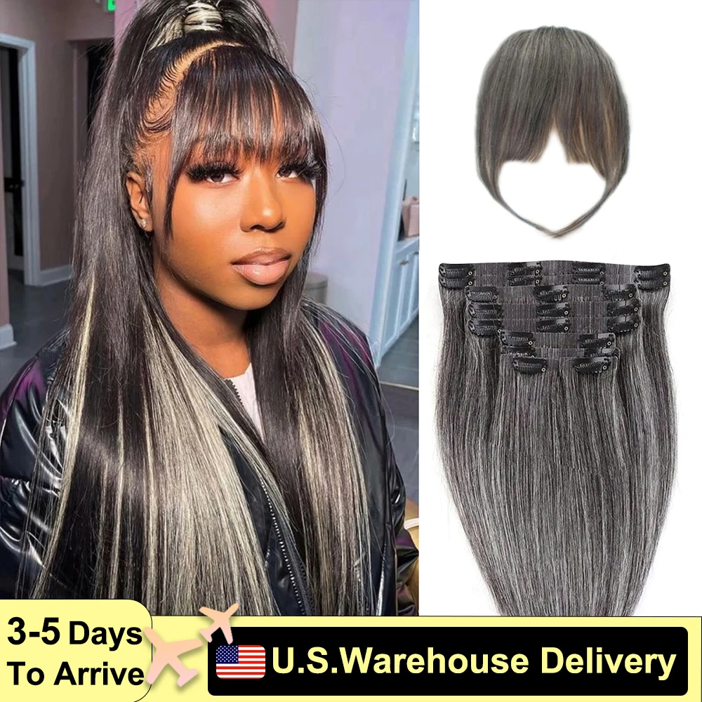 Gray Lacer Hair Clip In Hair Extensions With Bangs 100% Real Human Hair 70g 7/10pcs Double Weft Silky Straight Clip In Extension