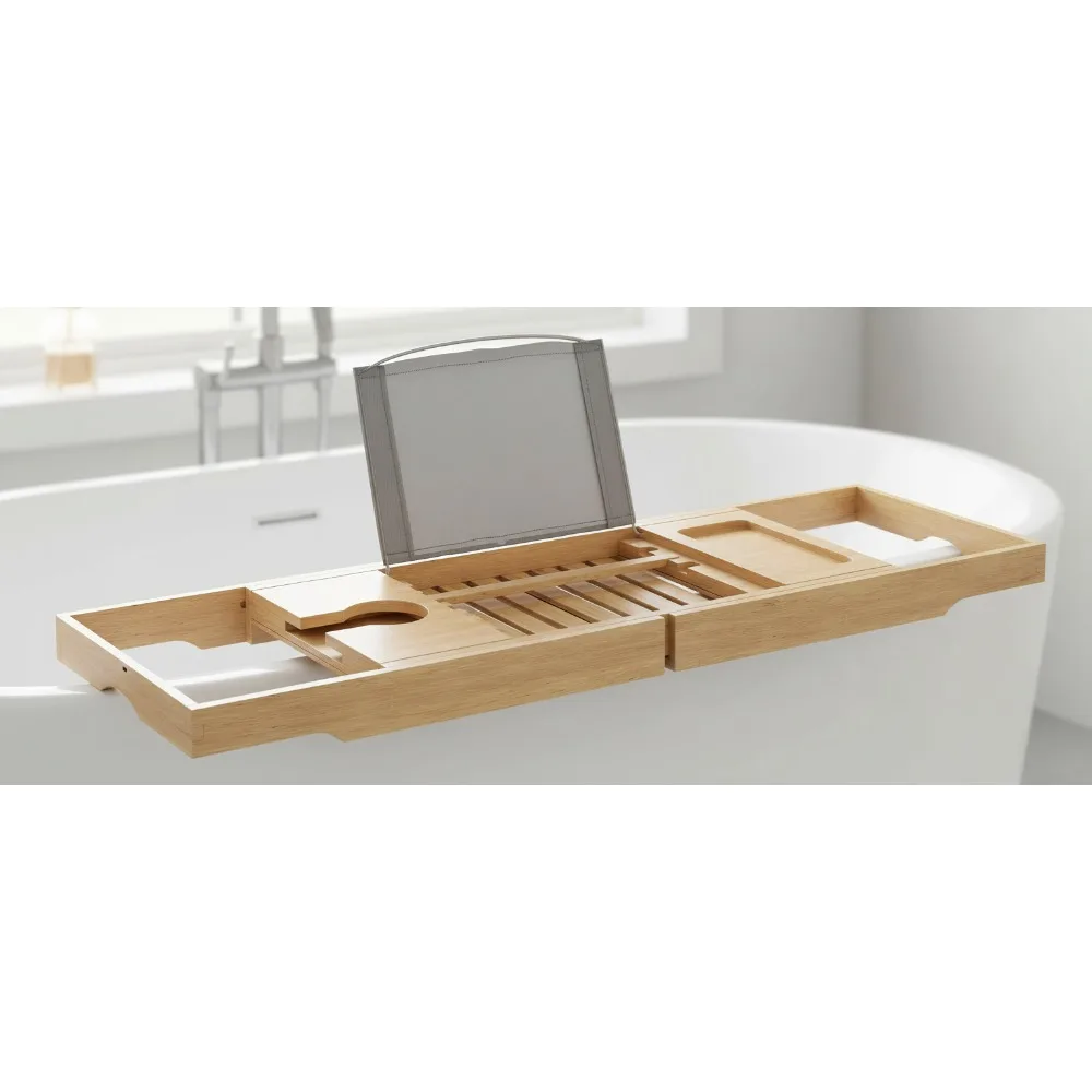 

Adjustable Bamboo Bathtub Tray with Phone Holder, Wine Glass Slot & Extendable Design for Relaxing Baths