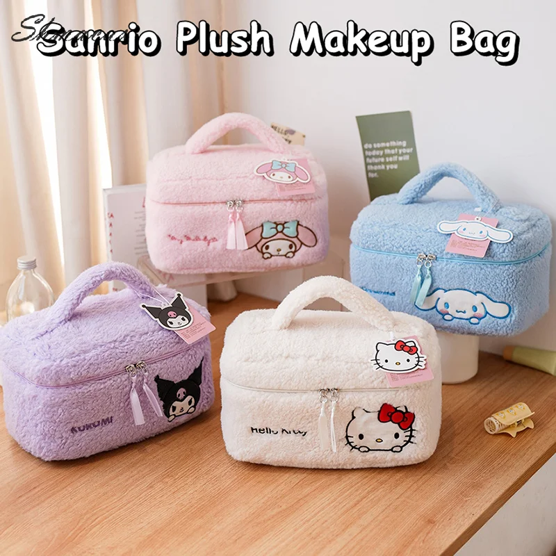 Sanrio Hello Kitty Plush Cosmetic Bags Cinnamoroll My Melody Large Capacity Embroidered Makeup Bag Kuromi Storage Bag Wash Pouch