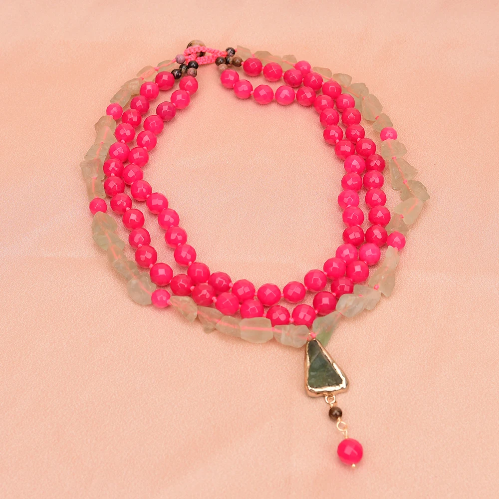 APDGG A76 Handmade 3 Rows Natural Mix Stone Rose Jade Green Fluorite Multi Strands Necklace