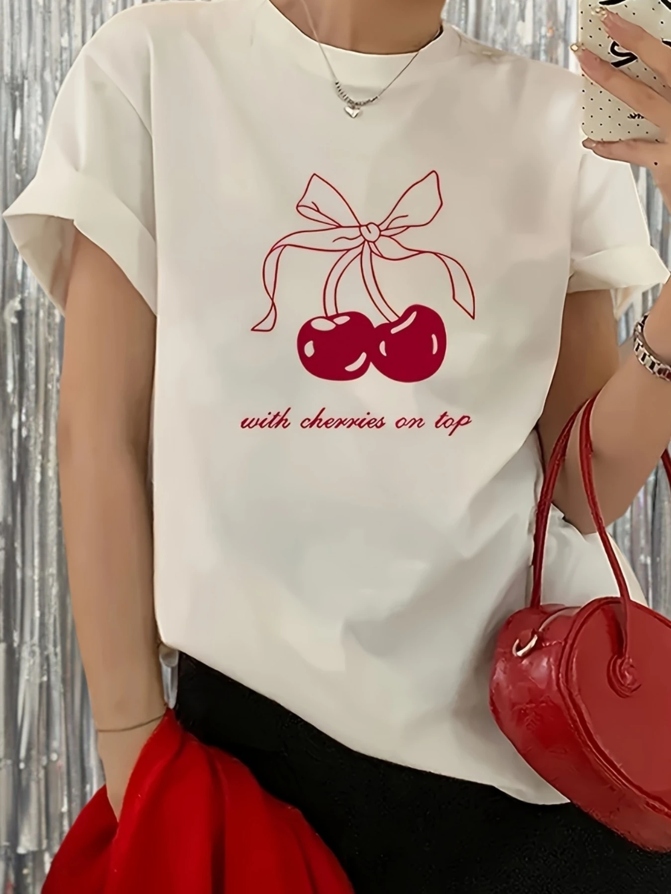 Camiseta informal de verano estilo Y2K para mujer Top blanco de manga corta con cuello redondo y estampado de cereza ropa