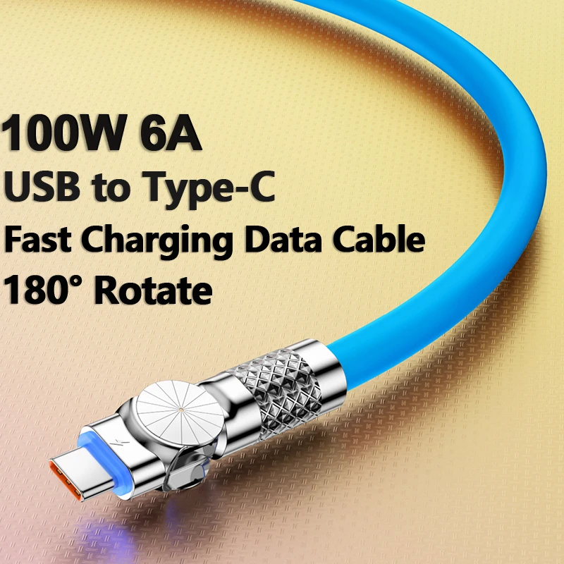 100W 6A 180 Degree Super Fast Charging Data USB Type C Cable For Xiaomi Huawei Liquid Silicone Elbow Car Charger Cable for Game