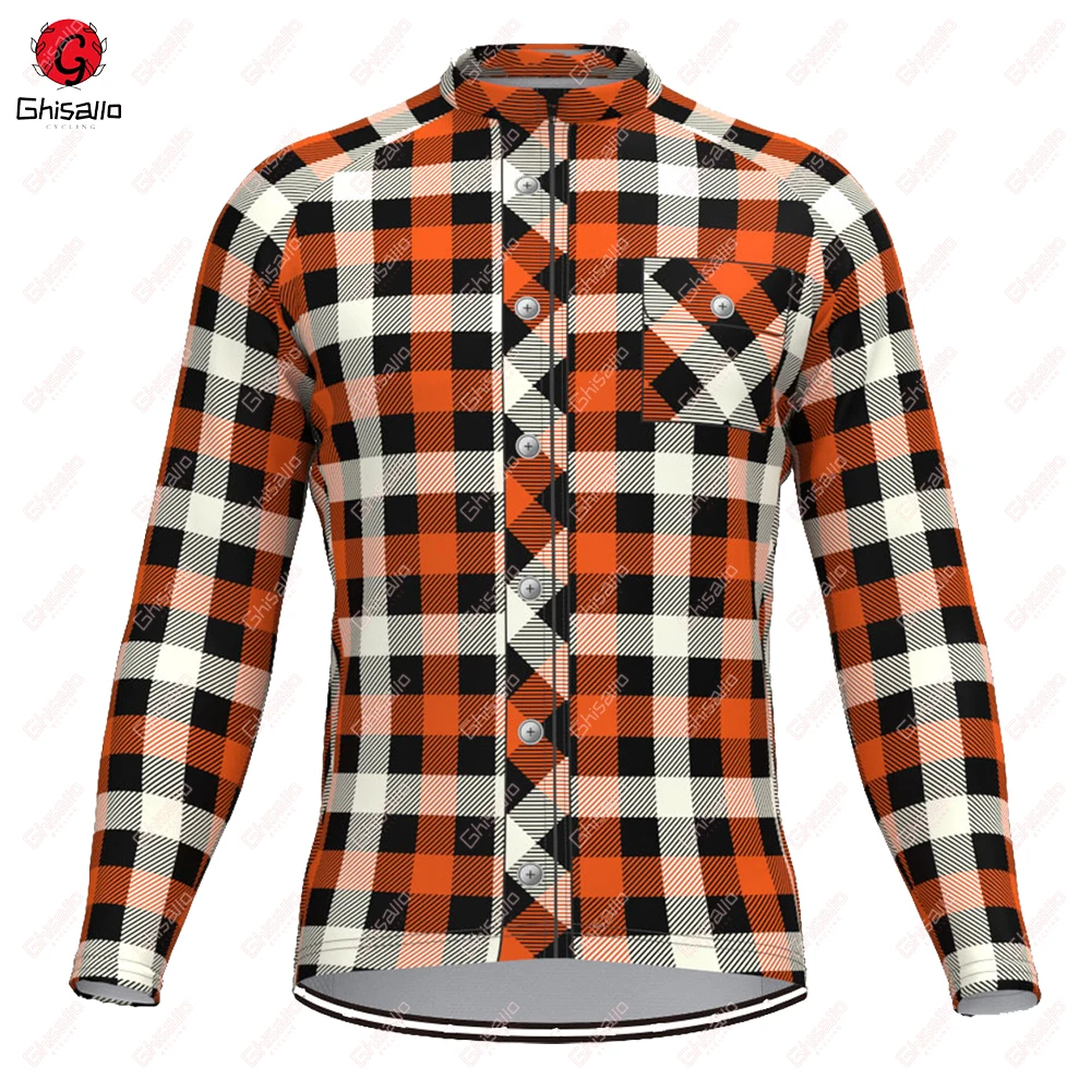 Plaid Checkered Cycling Jersey for Men, Long Sleeve, Thermal Fleece Lining, Warm, Road Bike, MTB Clothing, Winter and Autumn