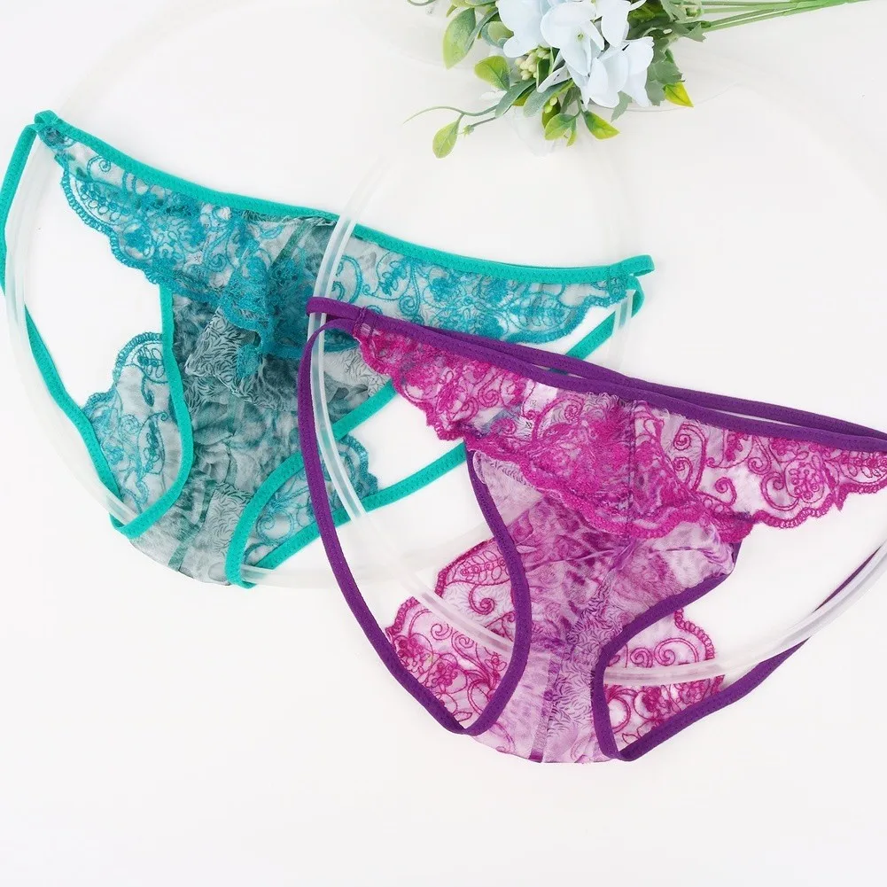 Men's Mesh Embroidered Lace G-String Underwear Print Low-waist Thongs Panties Transparent U Bulge Pouch Panties