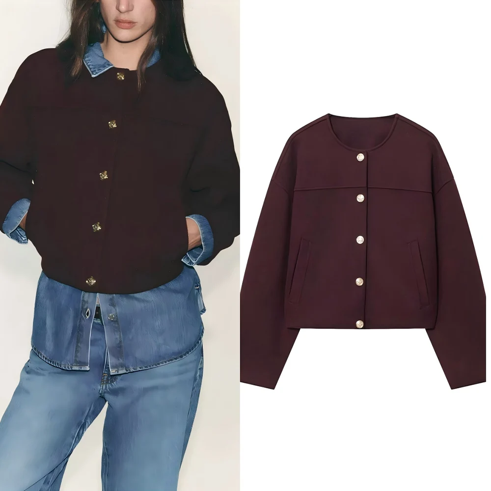 

Women's new fashion gold button decoration short soft texture jacket Coat retro O Neck long sleeved women's Coat chic top