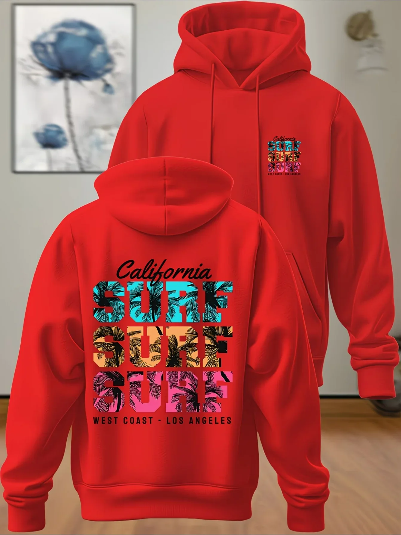 Unisex Hoodie California Surf Double Sided Graphic Sweatshirt Vintage West Coast Palm Tree Back & Chest Print Hoodie