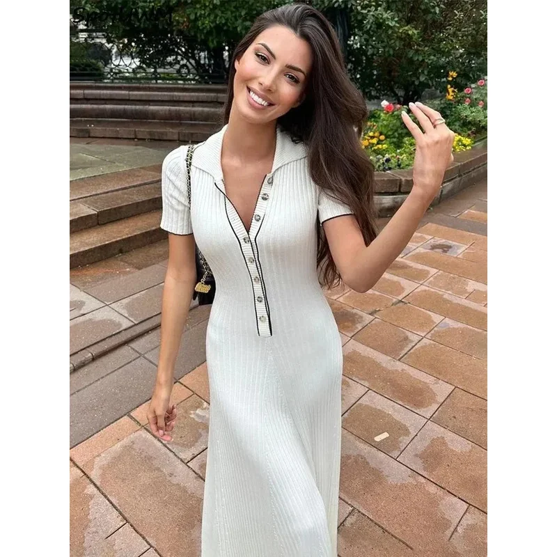 Knit lapel single breasted short sleeve long dress women slim High Waist Maxi dresses autumn Chic Street Lady elegant knitwear