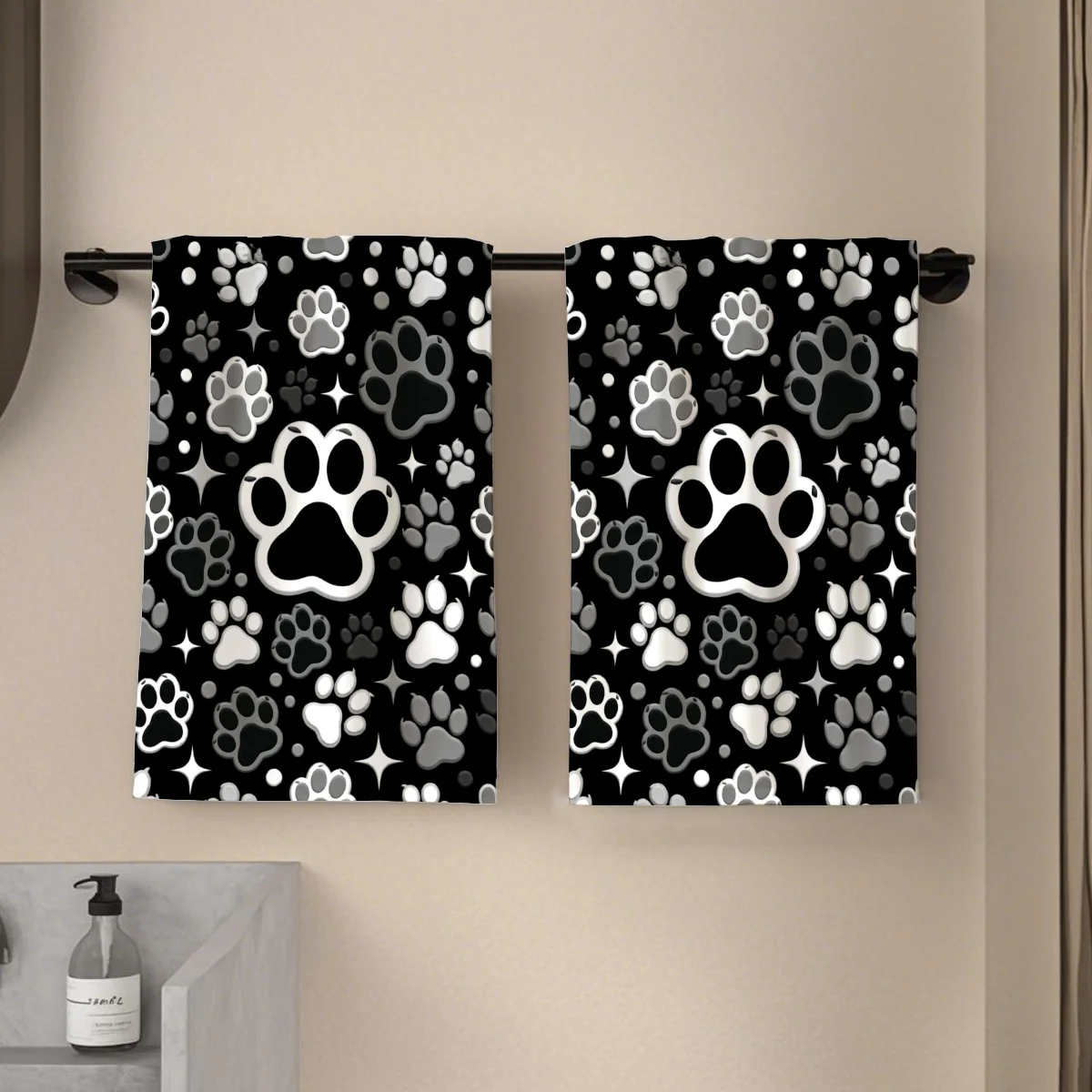 2pcs black base paw print themed hand towels/kitchen towels, single-sided print, dog paw print pattern