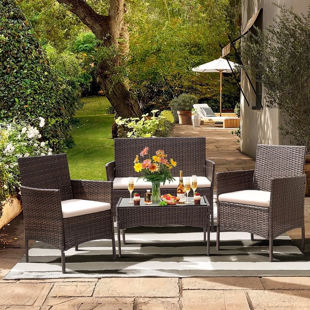 

4 Pieces Patio Conversation Set Outdoor PE Rattan Wicker Chairs Set and Table, Brown