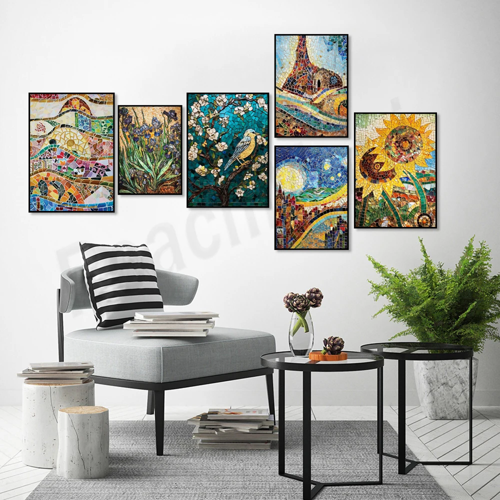 Antoni Gaudi mosaic canvas abstract poster, birds, abstract landscape, almond blossoms, sunflowers, irises, expressionist art