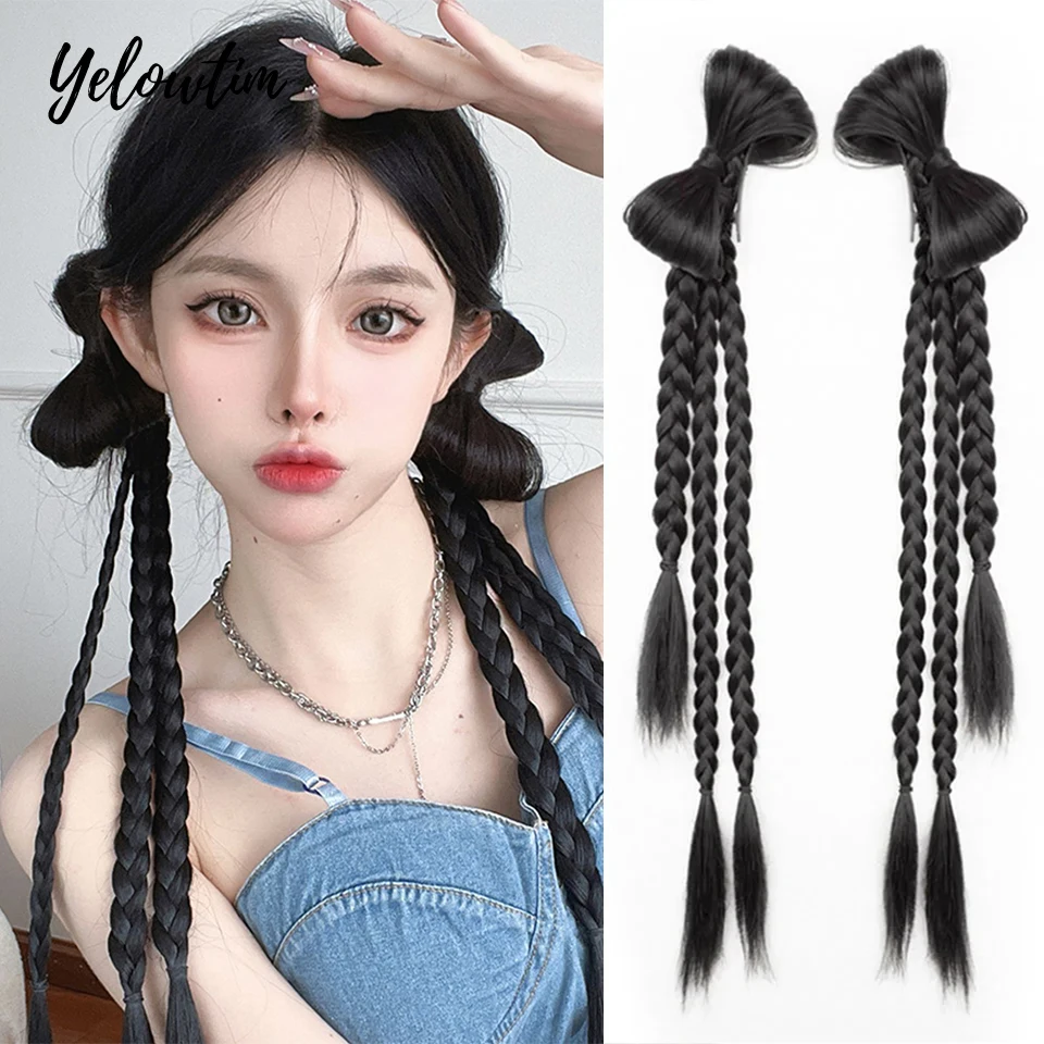 

2PCS Synthetic Long Twist Bow Braid Ponytail Extensions With 22Inch Rubber Band Boxing Braided Hair Extensions For Women Daily