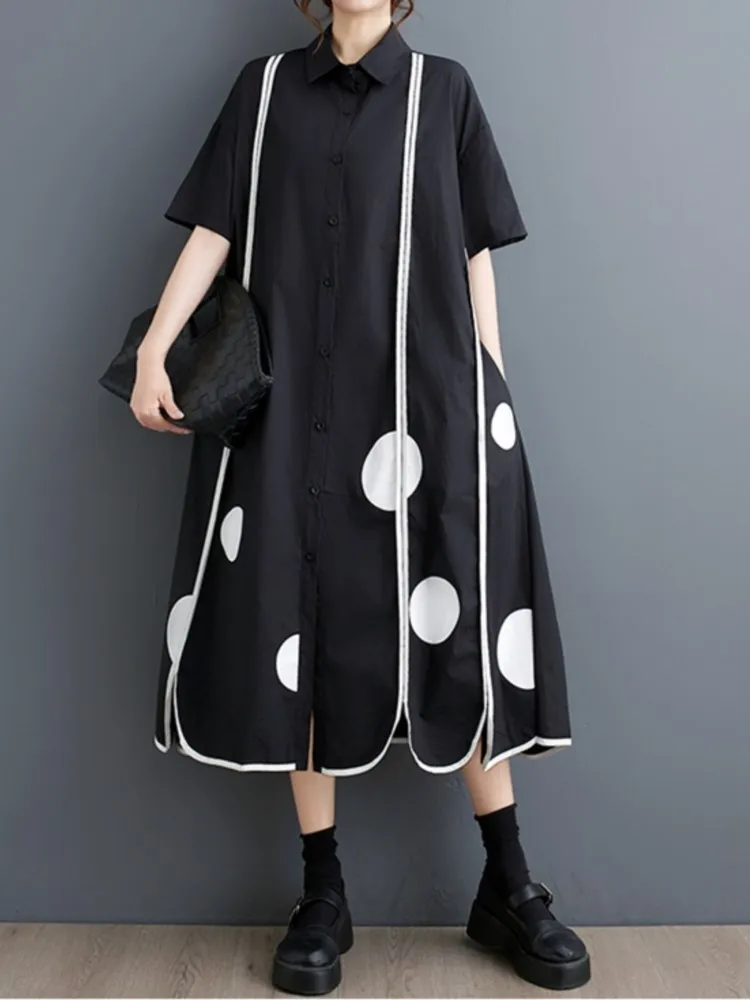 Oversized Summer Midi Shirt Dress Women Irregular Polka Dot Print Fashion Ladies Dresses Casual Loose Ruffle Pleated Woman Dress