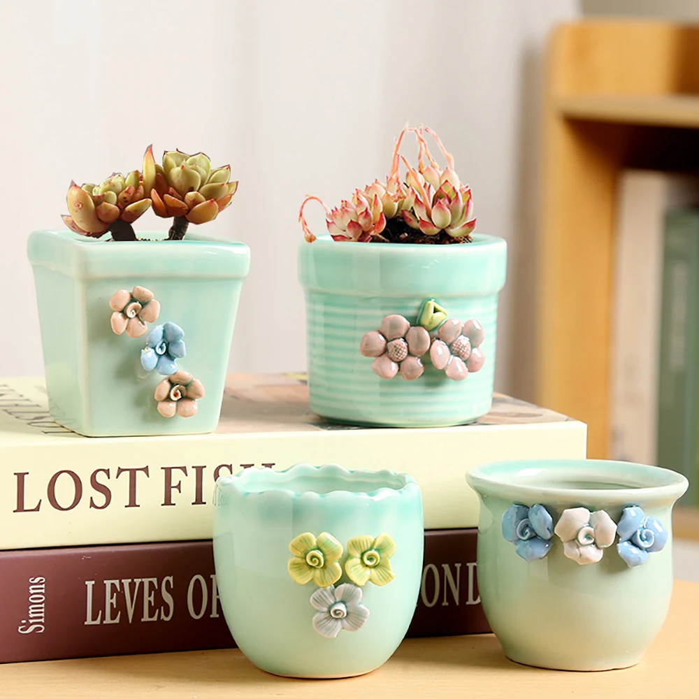 Flower Pot Green Ceramic Breathable Korean Style Pinched Flower Paintings With Handdrawn Creativity And Cute Personality