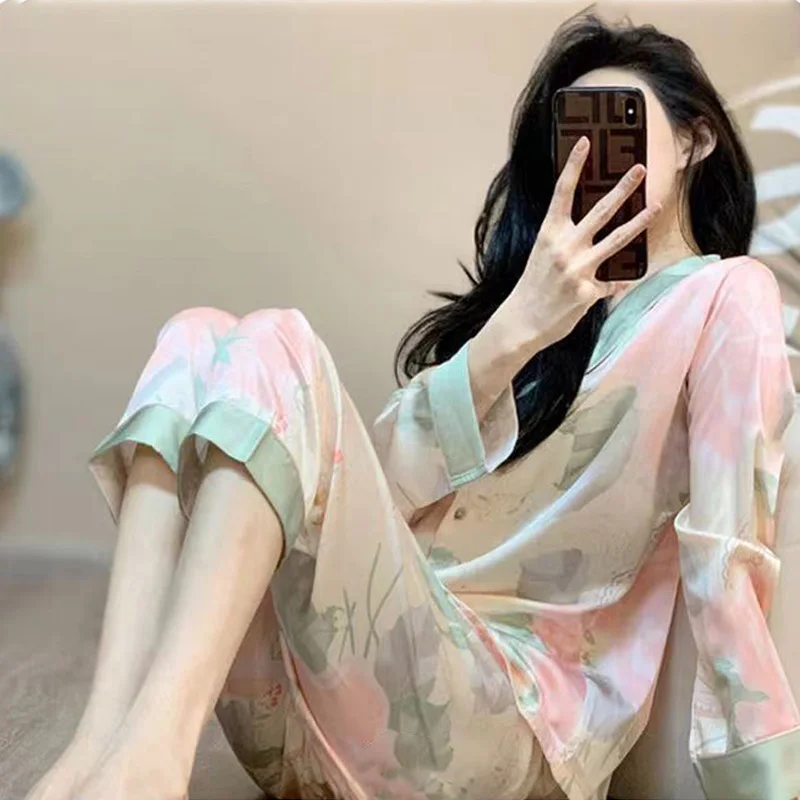 Nightwear Women\'s Summer High-End Celebrity Style Gardenia Senior Sense of Home Wear Silk Thin Section Pajamas Suit