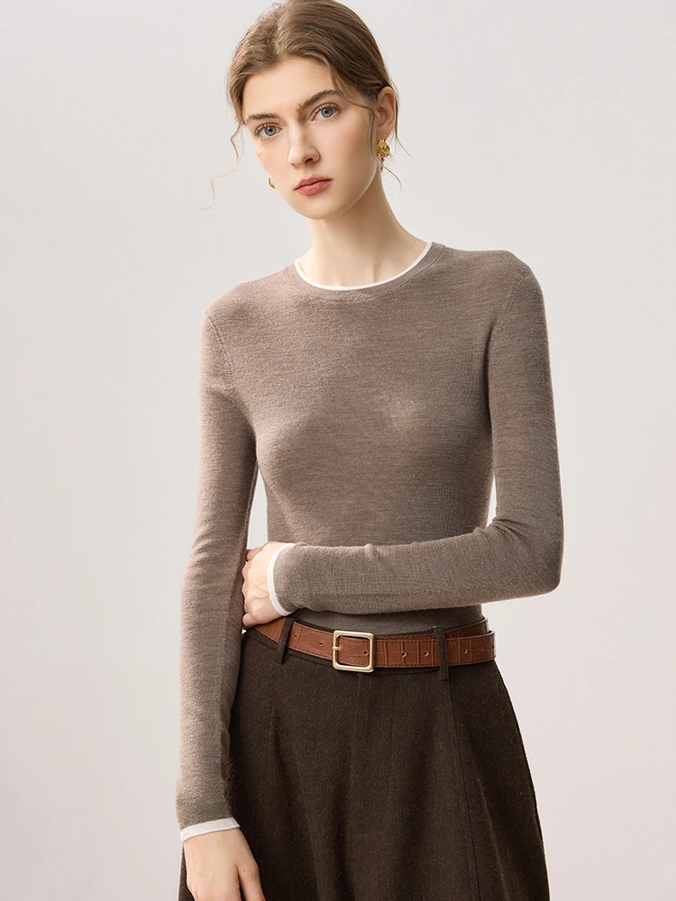 Women's 100% Merino Wool Pullover Sweater O-Neck Contrast Piping Trim Ultra Thin Fine Knit Skinny Slim Fit Knit Base Layer Top