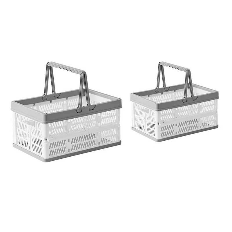 2Pcs Plastic Collapsible Storage Crates With Handles,Stackable Folding Shopping Baskets,Utility Container Organizer Bins