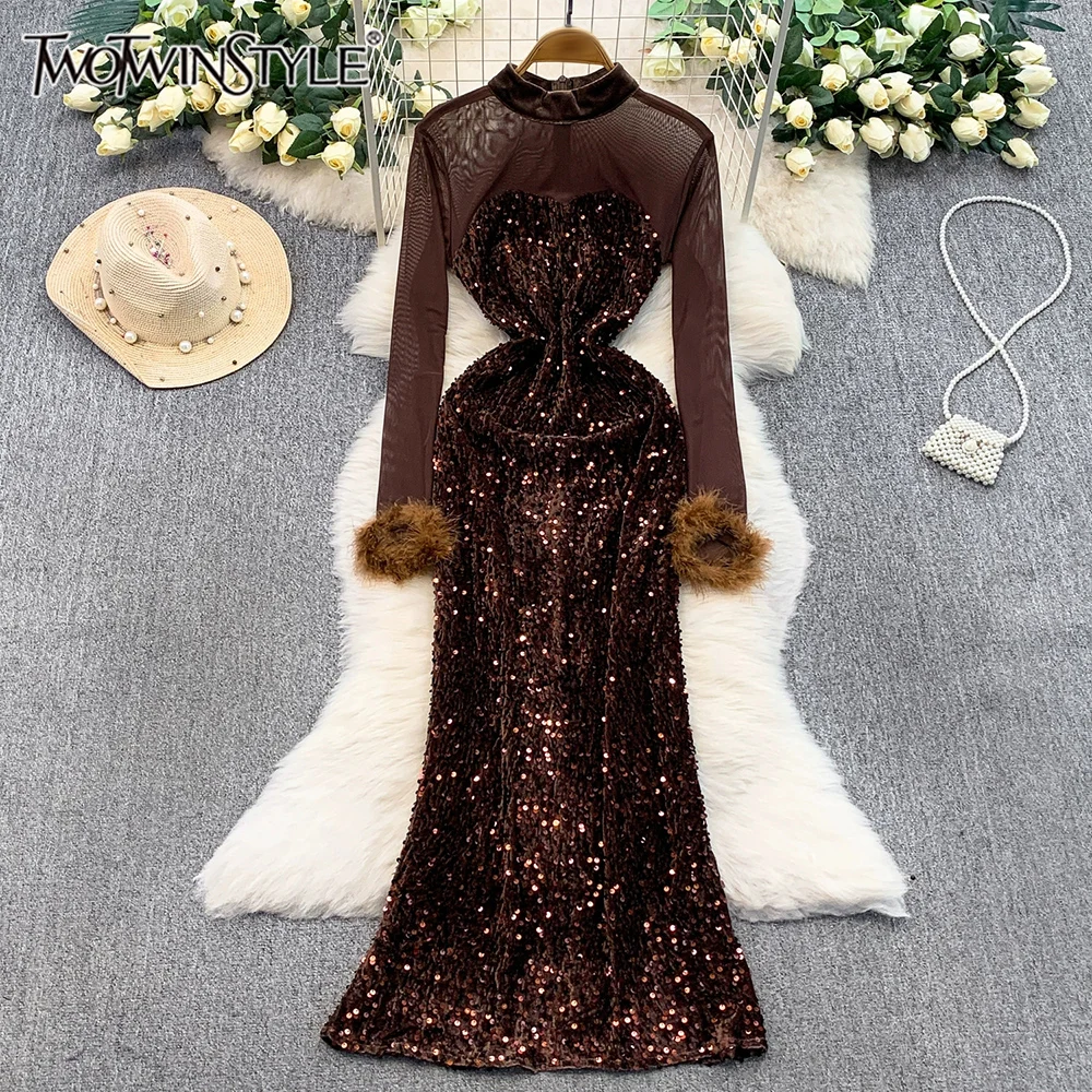 

TWOTWINSTYLE Solid Sexy Vintage Dinner Dresses For Women Round Neck Long Sleeve High Waist Chic Sequin Dress Female KDR555024