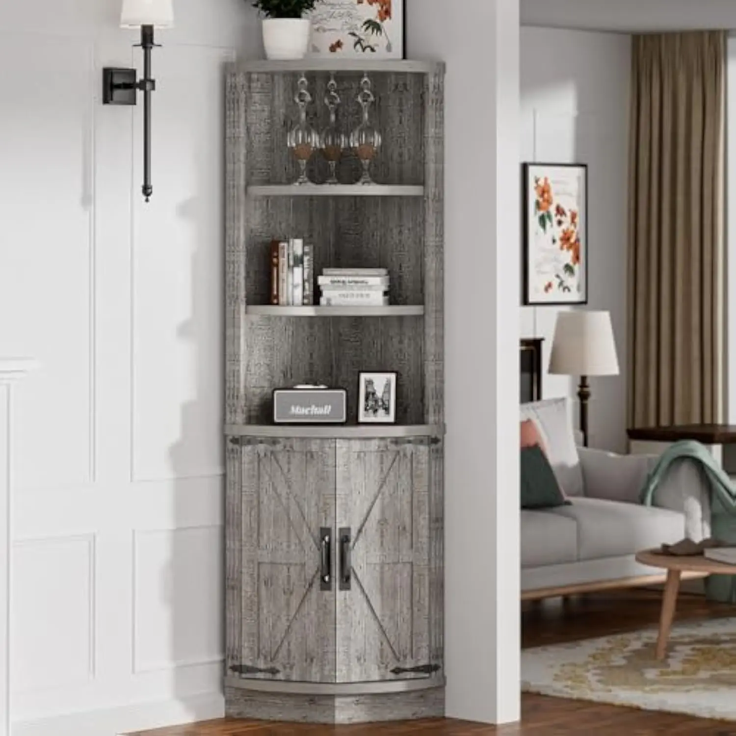 

63" tall corner cabinet，farmhouse storage cabinet with barn door design & anti-tipping kits.home space saver corner bar for liv