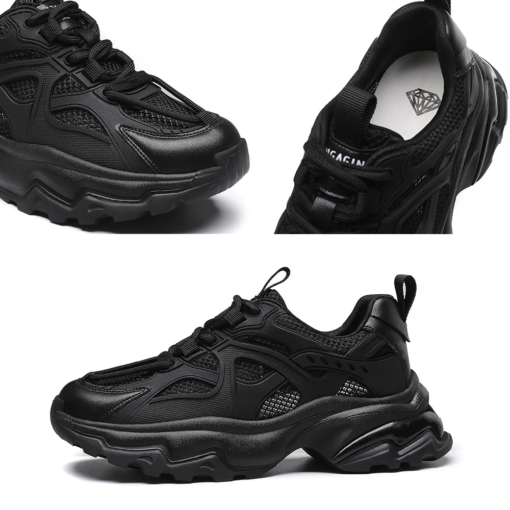 SOMILISS Women Platform Chunky Sneakers Genuine Leather Mesh Lace Up Round Toe Breathable Ladies Casual Sneaker Shoes Handmade