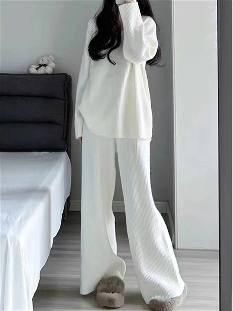 REALEFT Autumn Winter 2 Pieces White Women Sets Outfit Knitted Tracksuit V-Neck Sweater and Straight Jogging Pants Suit 2024 New