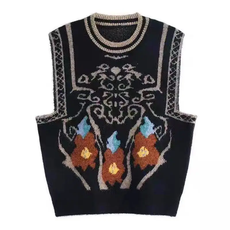

Black Geometric Vintage Knit O-Neck Sleeveless Pullover Loose Women's Vest Camisole Female Sweaters Woman Clothing Fashion