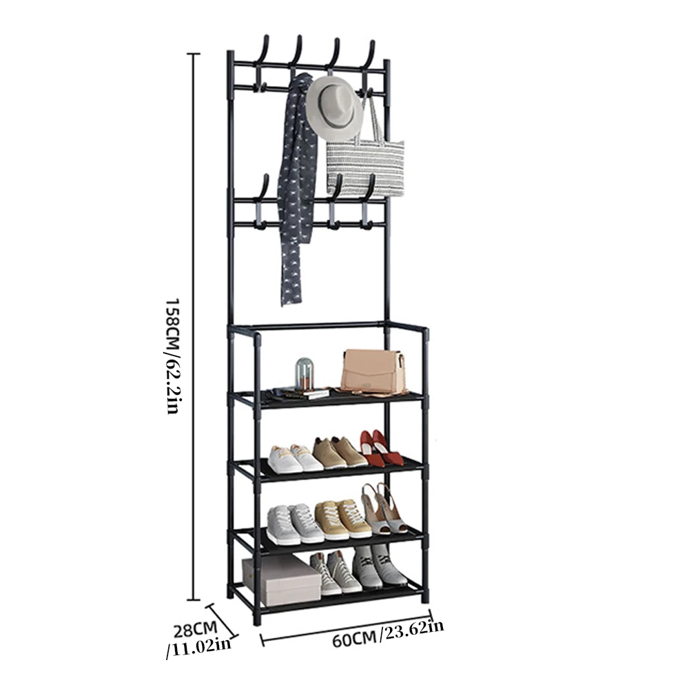 Wieszak na kurtki wolnostojący wejściowego 1pc, z 4/5 warstwami regały magazynowe i 8 podwójne haczyki, organizator na buty w formie regału