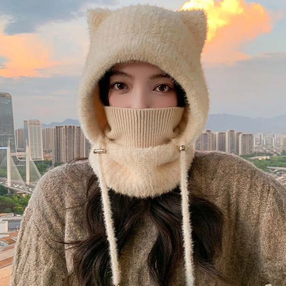 Japanese Style Cap Windproof Cat Ears Beanie Elastic Crochet Hooded Scarf Hat Thermal Integrated Knitted Balaclava Students