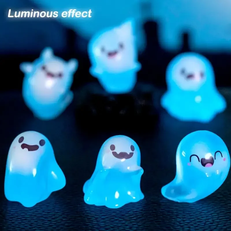 6Pcs Glowing Ghosts for Halloween Resin Decorations, Glowing Ghost Keychains, Doll Pendants, Glowing Elf Micro Landscape Decor