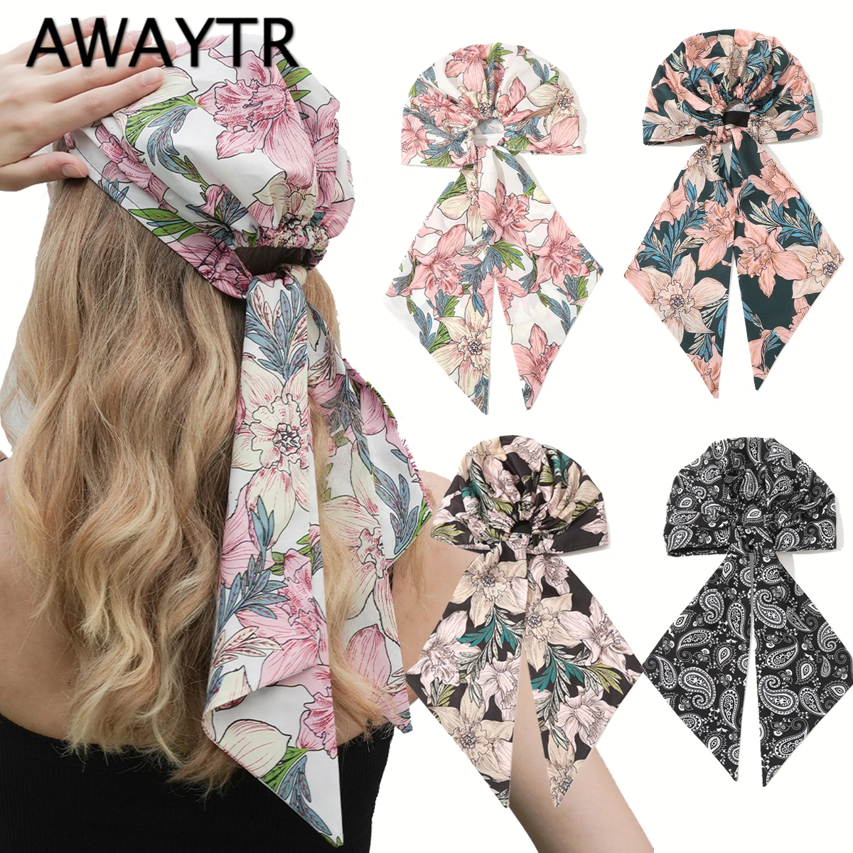 AWAYTR Bohemia Printed Satin Silk Hat Cap Hijab Scarf Headband Women Hat Turban Cap Silky Bonnet Head Scarf Elastic Hair Band