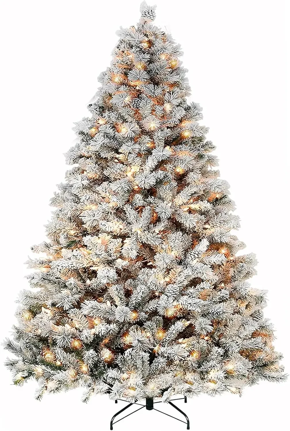 6.5 ft Snow Flocked Christmas Tree, Artificial Christmas Tree with Pine Cones, 250 Warm White Lights