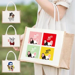 Reusable Jute Burlap Shopping Bag Handbags for Women Grocery Eco Bag Female Tote Bag Cloth Shopper Bag Purse Dog Print