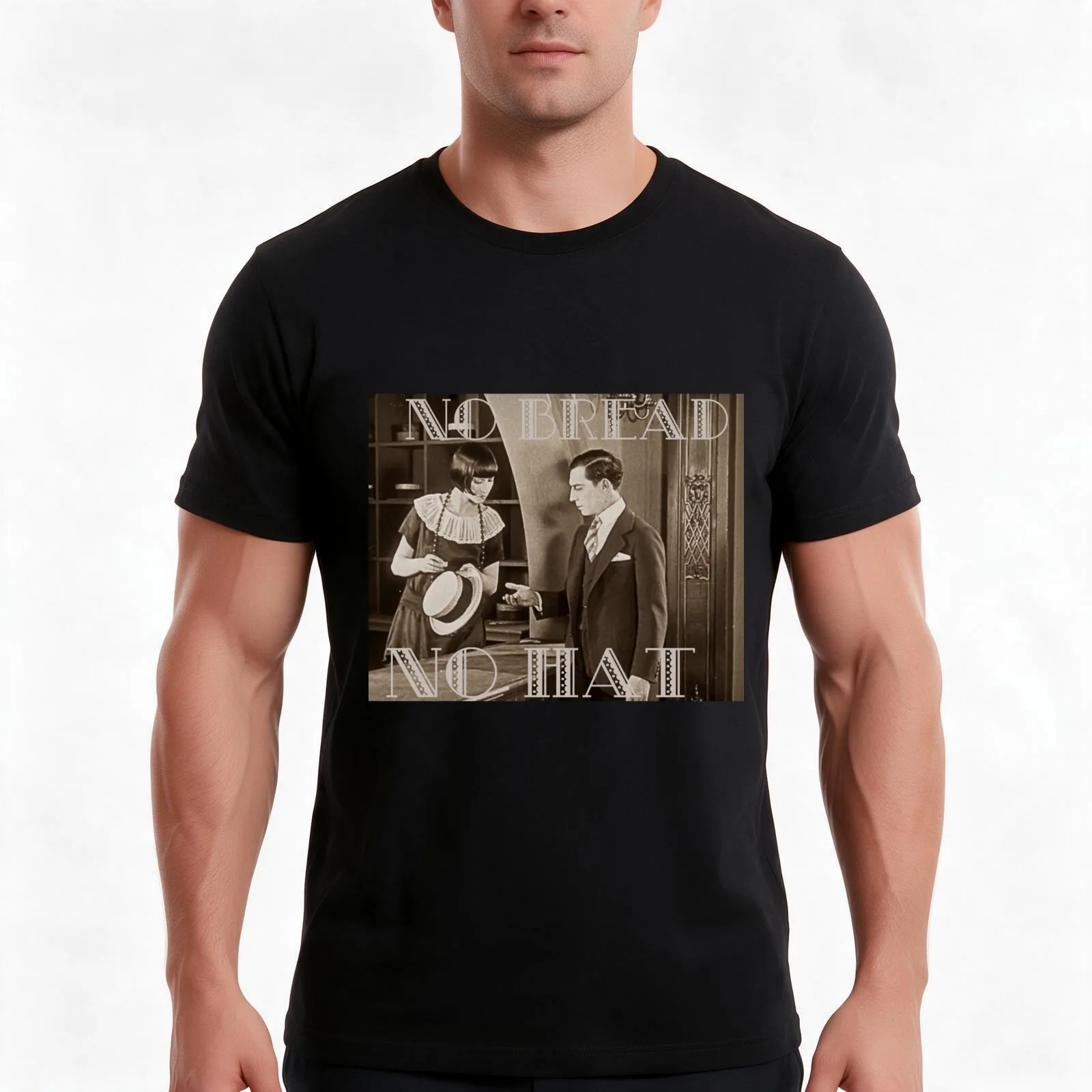 No Bread No Hat Silent Film-era Buster Keaton T-Shirt, Summer Casual Cotton Tee, Oversized Streetwear Tops, Unisex Men Women