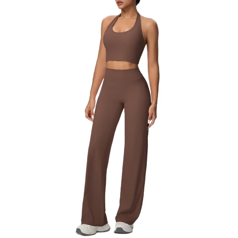 

New Women's Yoga 2-Piece Set Solid Color Double-Sided Brushed Halter Bra Wide-Leg Pants Sports Running Fitness Set