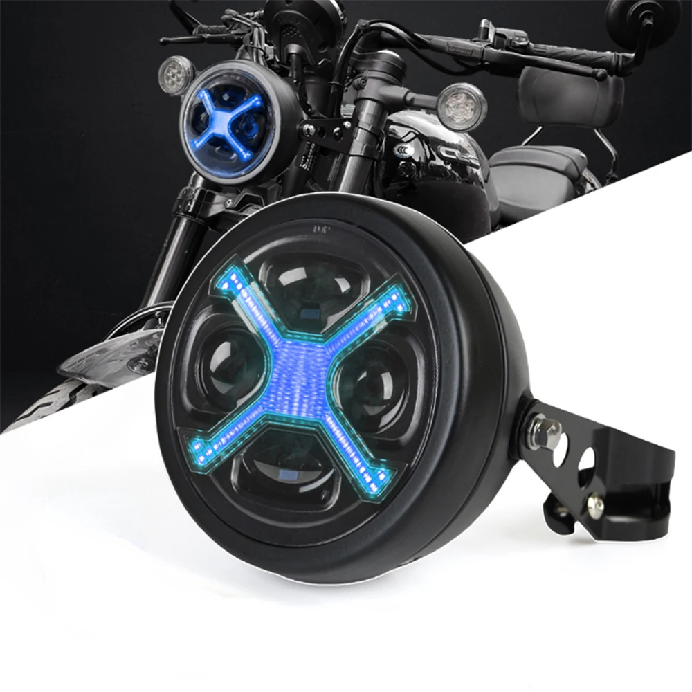 

5.75 Inch Kit-Style LED Motorcycle Headlight with Housing, Blue X DRL, High/Low Beam, IP67 Waterproof, Universal Fit for Harley-