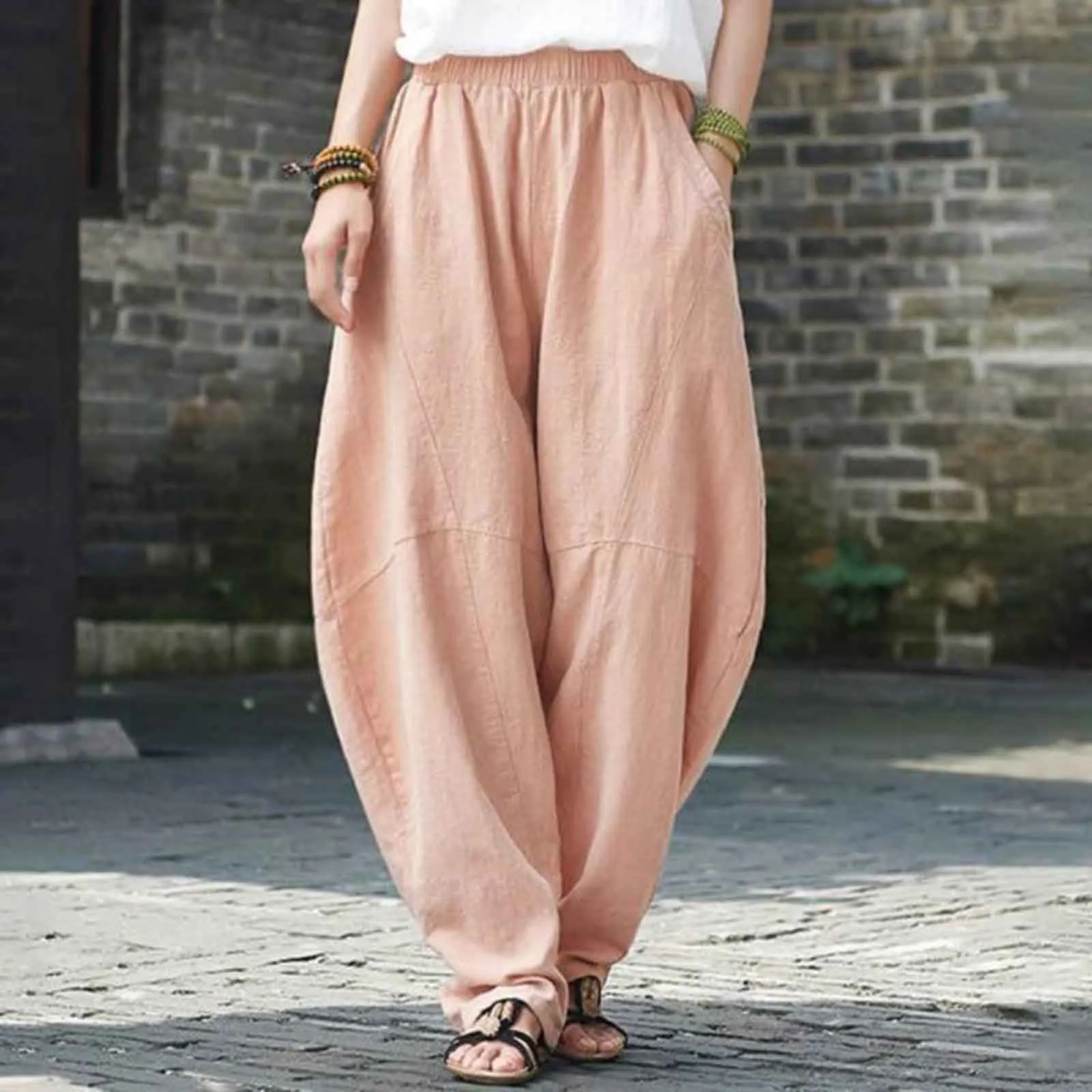 Women's Fashionable Solid Color Elastic Waisted Casual Loose Pants With Pockets Patchwork High Waisted Leisure Trousers