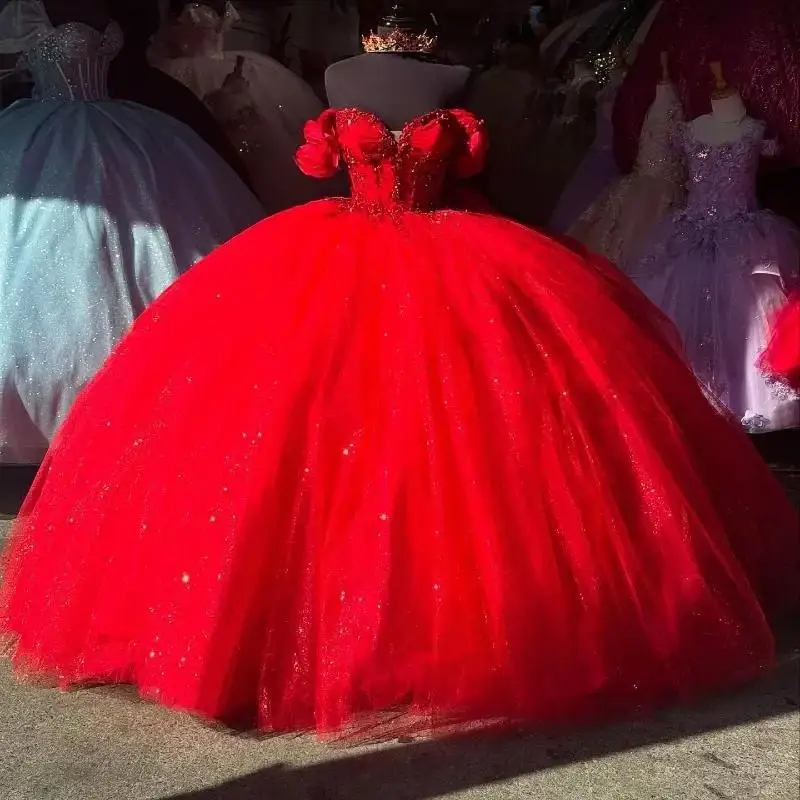 

Customized Sparkly Hot Red Princess Ball Gowns Sweet Beads Bow Off The Shoulder Quinceanera Dresses Party Birthday Dress