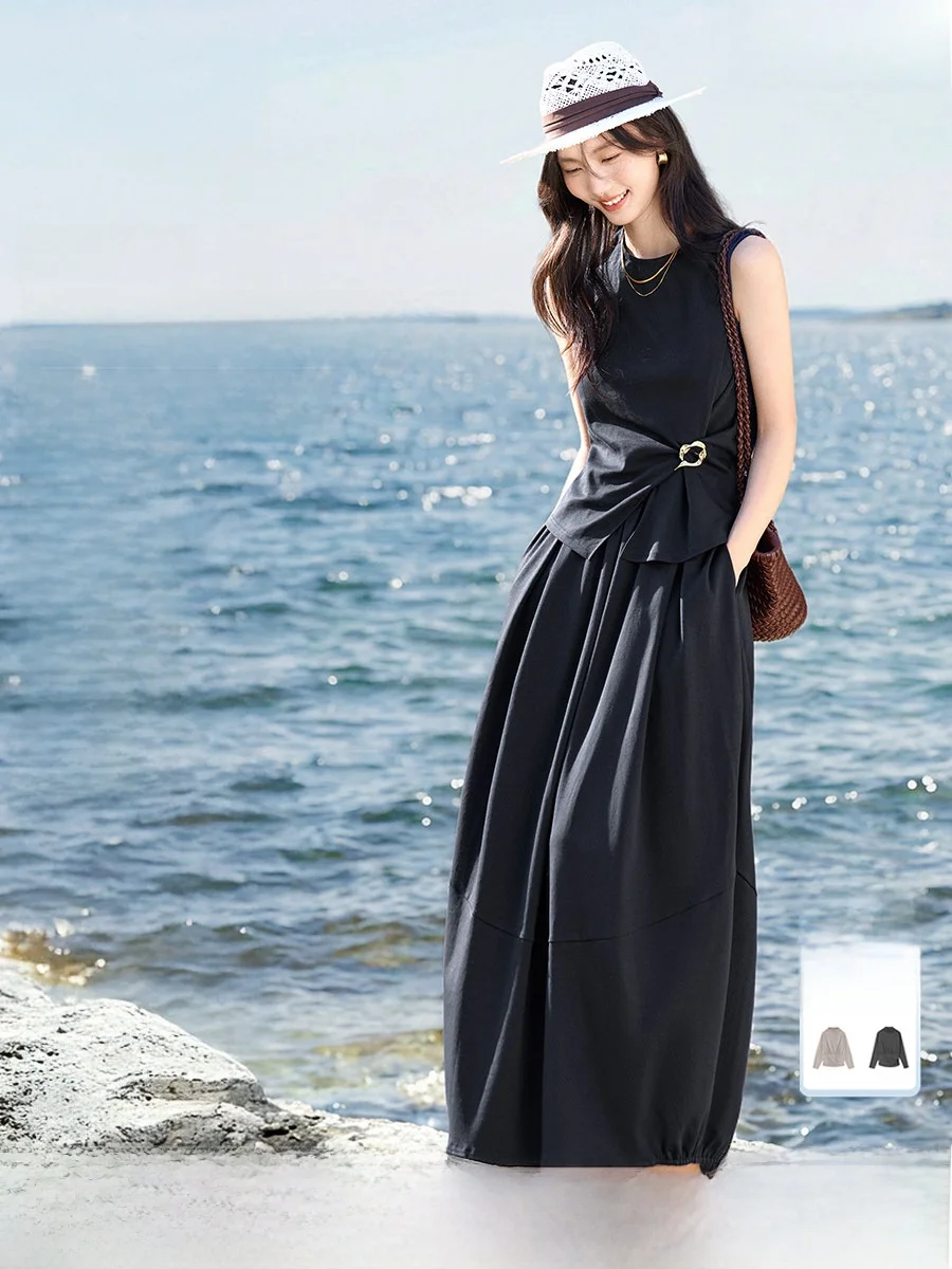 

XWI Summer Travel Ele Sle Women's Svel Two-Piece Set with Button Design Flower Bud Skirt for Adult Women