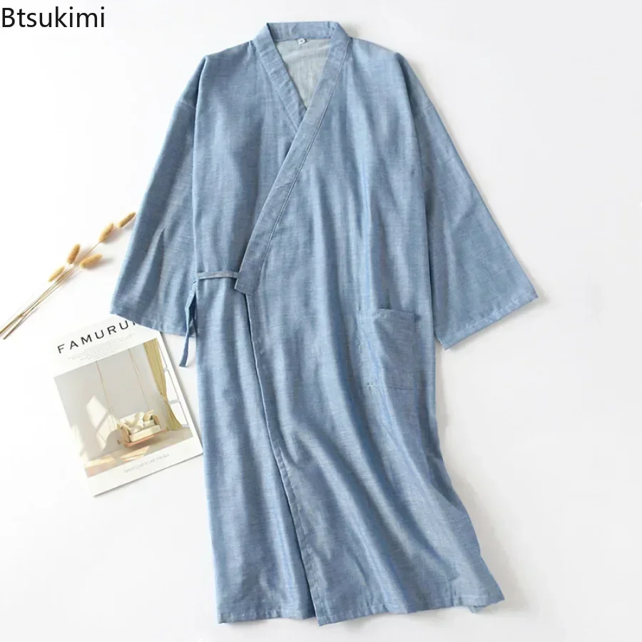 New 2024 Men\'s Casual Cotton Line Pajamas Solid Soft Sleepwear Male Bath Robe Japanese Kimono Cotton Nightgown Home Clothes Men