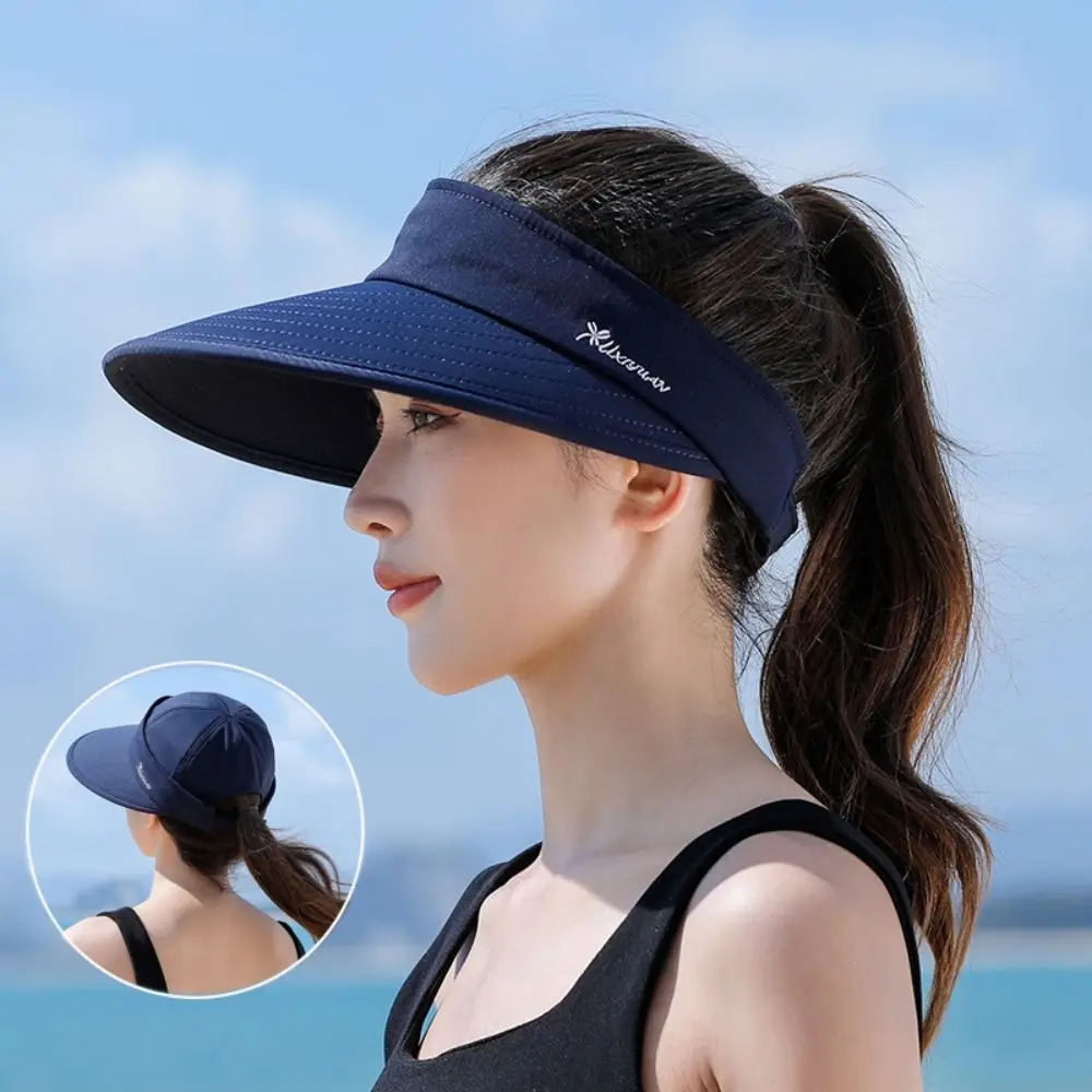 Detachable Women Summer Sun Hat Outdoor Foldable UV Protection Empty Top Ponytail Cap Adjustable Wide Brim Beach Cap