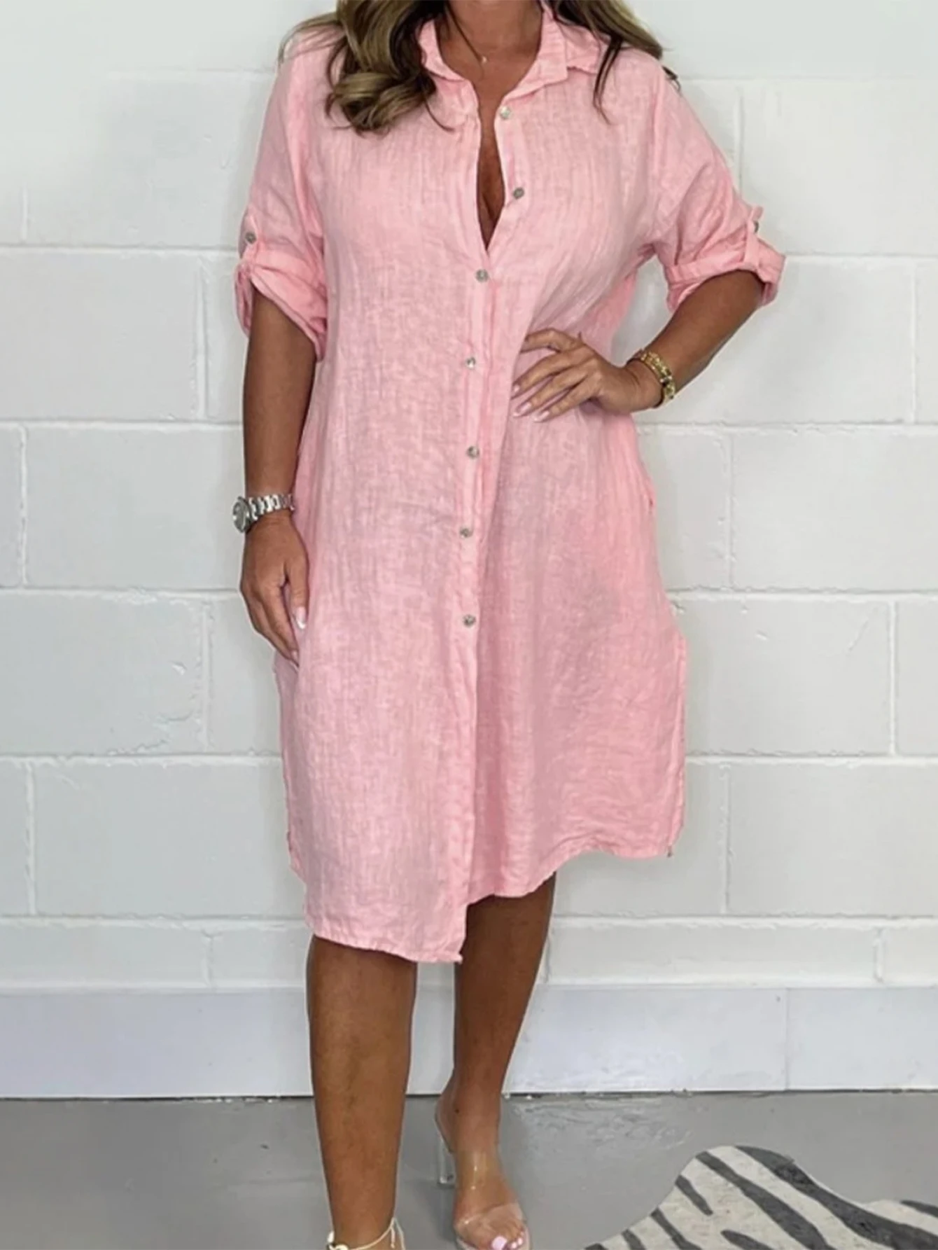 Abito da donna casual con colletto a camicia a maniche lunghe sul davanti con bottoni in tinta unita per l'abbigliamento quotidiano da donna in ufficio Stile basic autunnale