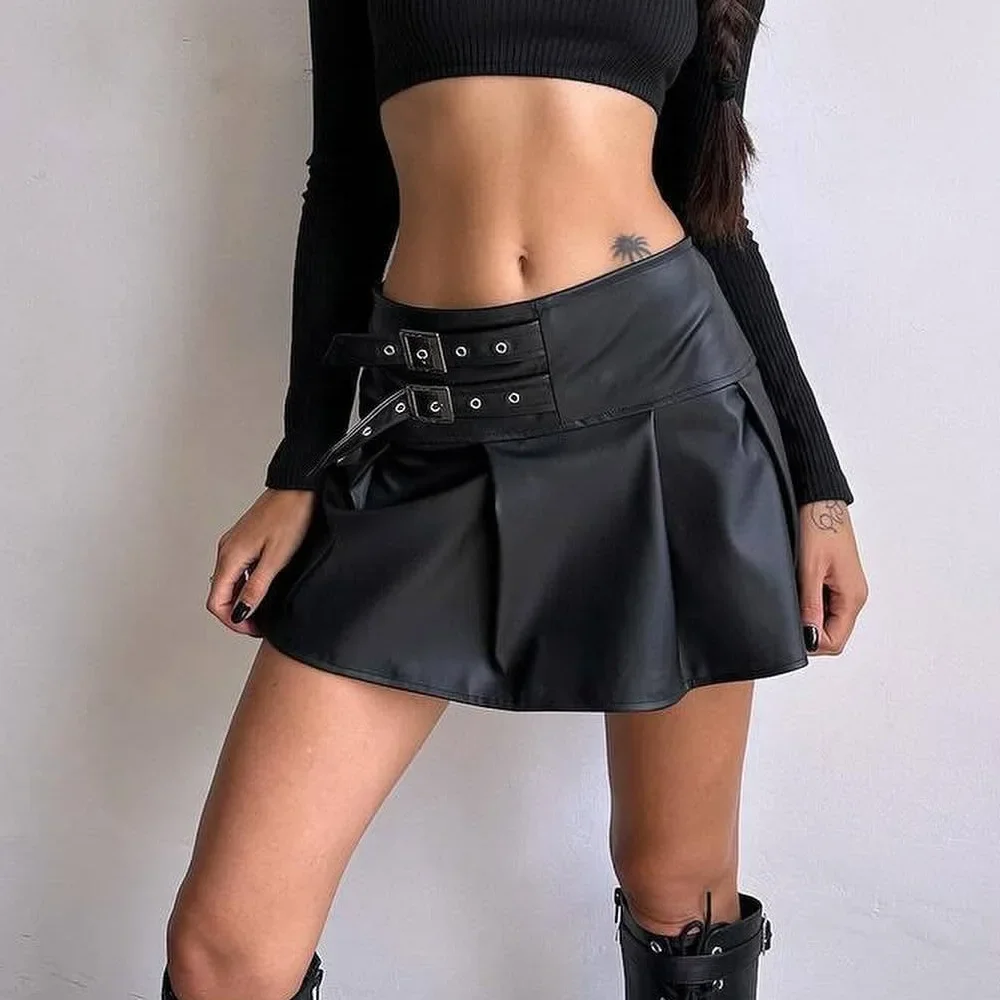 New Sexy Slim A-Line Pleated Split Skirt With Sashes Solid Metal Buckle Low-Waisted Super Mini Skirts Women