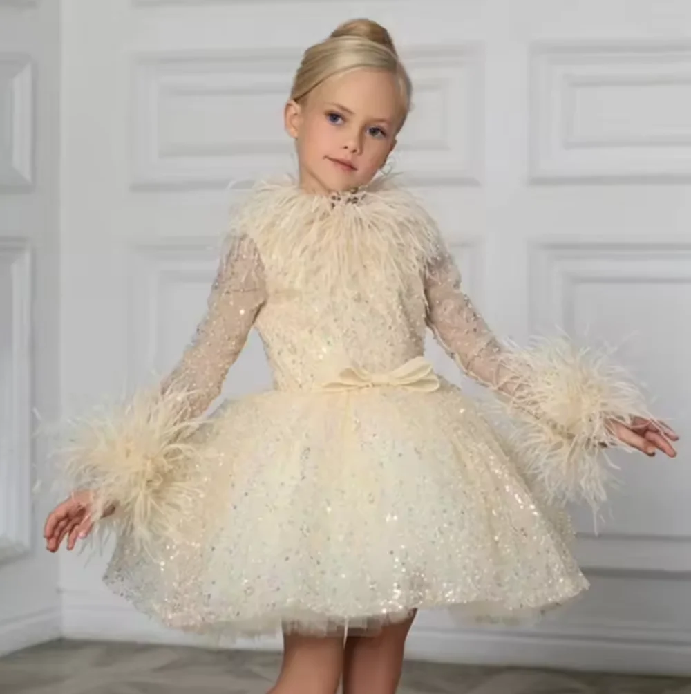

Luxury Gold Girl Dress Feathers Sequined Dubai Kids Wedding Birthday Communion Party Gowns
