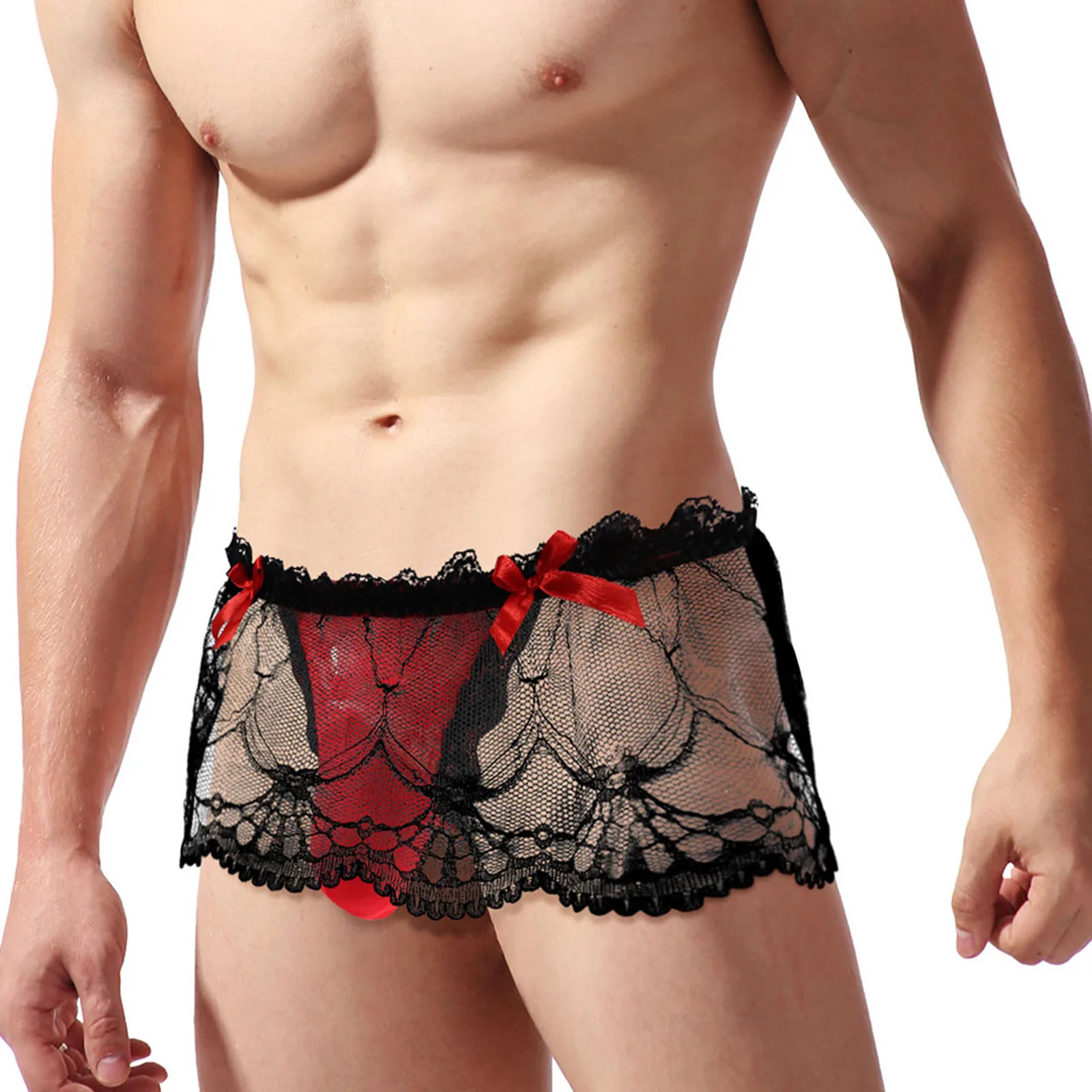 Mens Boxer Shorts Lace Skirted Thong Sissy Underpants T-Back Hip Lifting Frilly Mooning Briefs Transvestite Crossdresser Costume